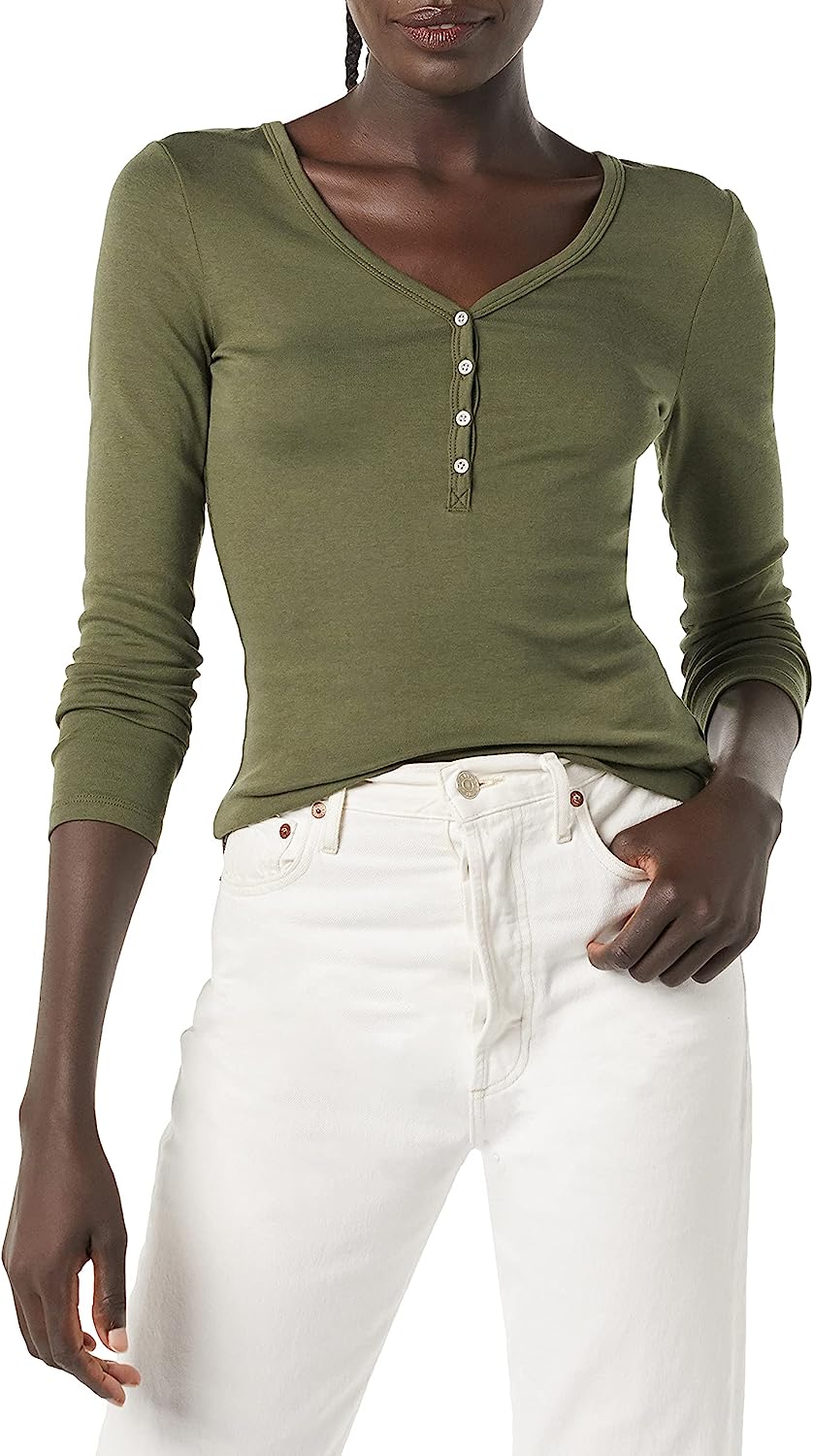 230816040748102_1 Essentials Women's Ribbed Knit Long Sleeve Henley Slim Fit T-Shirt - Image 1